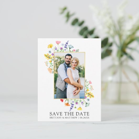 Waterverf Wildflower foto Opslaan van de datum Briefkaart (Staand voorkant)