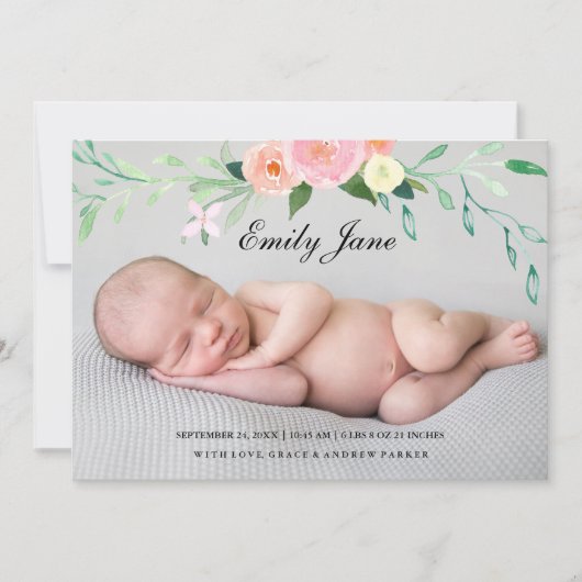 Waterverf Wildflower Fotogeboorteaankondiging Aankondiging (Voorkant)