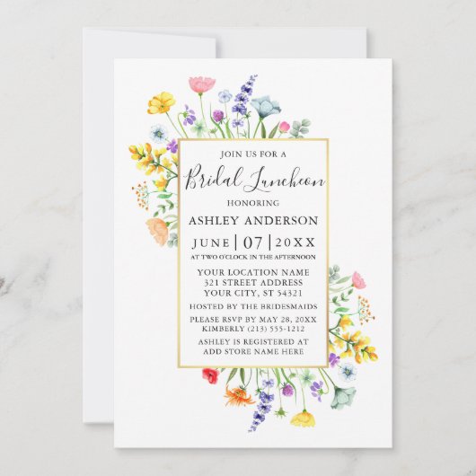 Waterverf Wildflower Goud Lijst Bruidslunch Kaart (Voorkant)