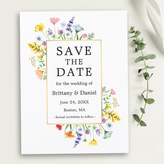 Waterverf Wildflower Goud Lijst Save The Date Briefkaart