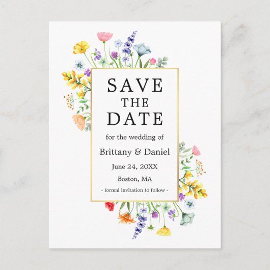 Waterverf Wildflower Goud Lijst Save The Date Briefkaart (Voorkant)