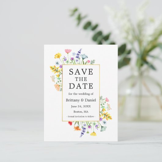 Waterverf Wildflower Goud Lijst Save The Date Briefkaart (Staand voorkant)