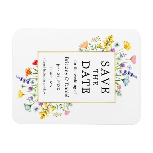 Waterverf Wildflower Goud Lijst Save The Date Magneet (Horizontaal)