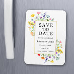 Waterverf Wildflower Goud Lijst Save The Date Magneet<br><div class="desc">De Waterverf Wildflower Wedding Verloving Announcement Save The Date Magnet bevat delicate geel,  roze,  perzik,  stoffig blauw,  salie groen,  paarse,  rode en oranje wilde bloemen,  papavers,  eucalyptusbladeren en andere prachtige botanische groen op een gouden lijst.</div>