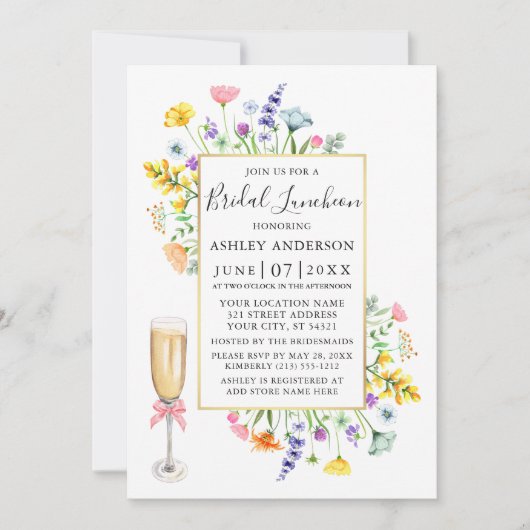Waterverf Wildflower Goud Roze Bruids Luncheon Kaart (Voorkant)