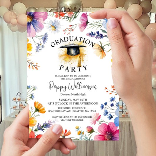 Waterverf WildFlower Graduation Party Invitation Kaart