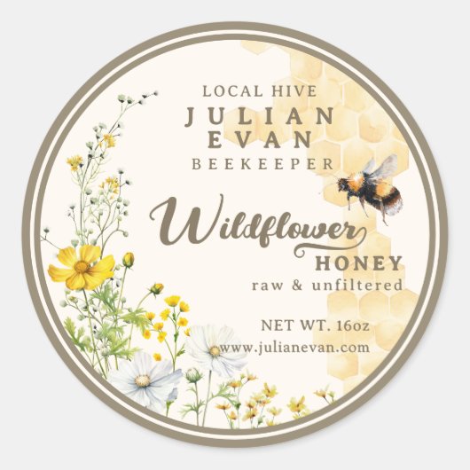 Waterverf Wildflower Honingraat Bee Honey Label (Voorkant)