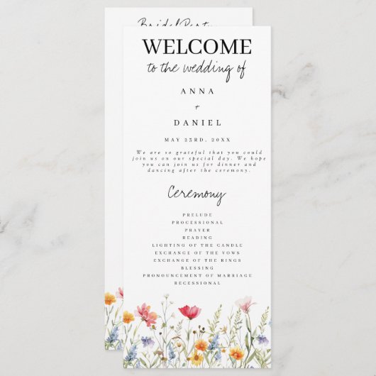 Waterverf Wildflower huwelijksprogramma Programmakaart (Voorkant / Achterkant)