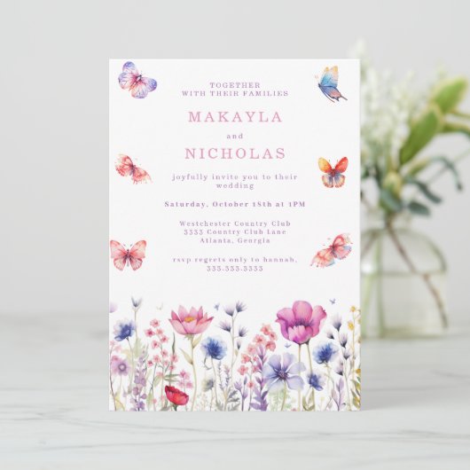waterverf Wildflower kleurrijke vlinders bruiloft Kaart (Staand voorkant)