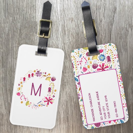 Waterverf Wildflower Krans Monogram Gepersonalisee Bagagelabel
