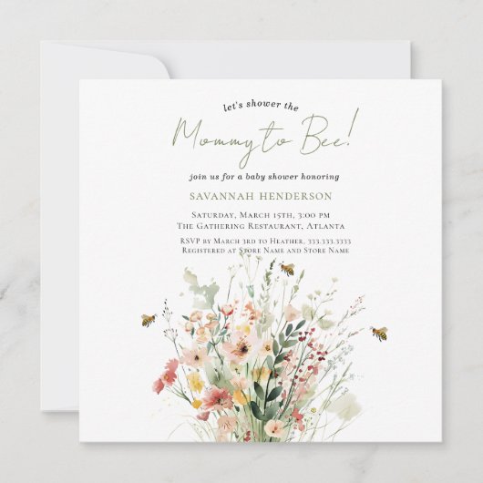 Waterverf Wildflower Mama naar Bee Baby shower Kaart (Voorkant)