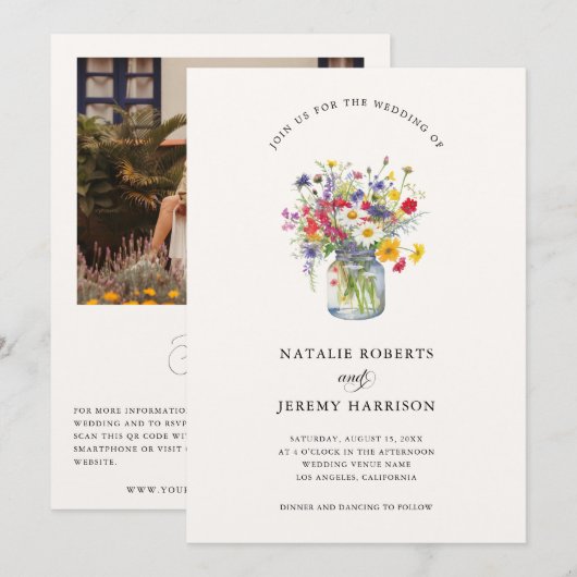 Waterverf Wildflower Mason Jar rustieke bruiloft Kaart (Voorkant / Achterkant)