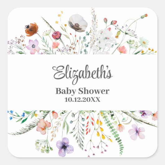 Waterverf Wildflower Meadow Baby shower Vierkante Sticker (Voorkant)