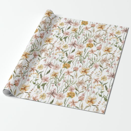 Waterverf Wildflower Meadow Floral Pattern Cadeaupapier (Uitgerold)