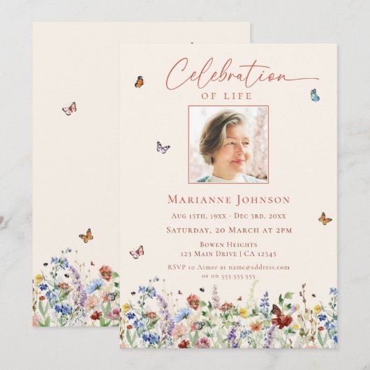 Waterverf Wildflower Memorial viering van het leve Kaart (Voorkant / Achterkant)