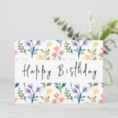 Waterverf Wildflower Modern Script Happy Birthday Kaart (Staand voorkant)