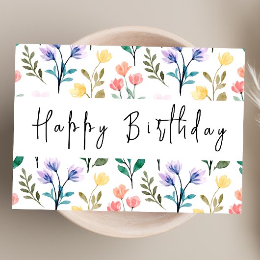 Waterverf Wildflower Modern Script Happy Birthday Kaart