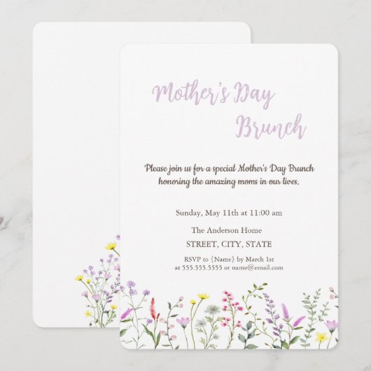 Waterverf Wildflower Moederdag Brunch Kaart (Voorkant / Achterkant)