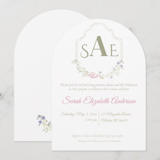 Waterverf Wildflower Monogram Crest Baby shower Kaart (Voorkant / Achterkant)