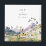 Waterverf Wildflower Mountain bruiloft gunst Magneet<br><div class="desc">Een prachtige waterverf wilde bloem en berg bruiloft ontwerp. Een uniek ontwerp dat gebruik maakt van waterverf wilde bloemplanten en een waterverf berglandschap op de achtergrond. Een modern wild bloemenontwerp met bergen en rivieren aan het meer. Een elegante bruiloft magneet gunst ontwerp met moderne elementen. Overeenkomende bruiloft uitnodigingen en andere...</div>