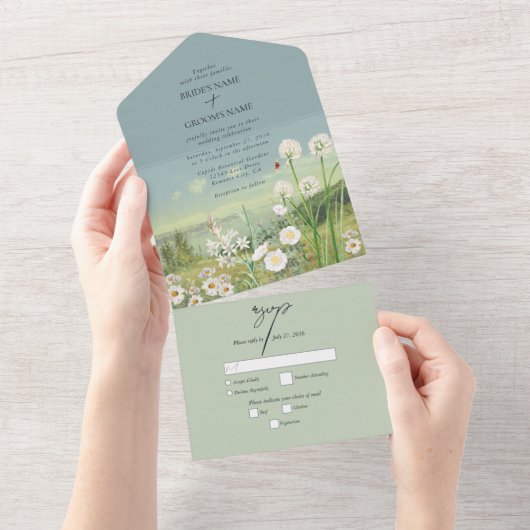 Waterverf Wildflower Mountain Landscape Wedding All In One Uitnodiging (Afscheurbaar)
