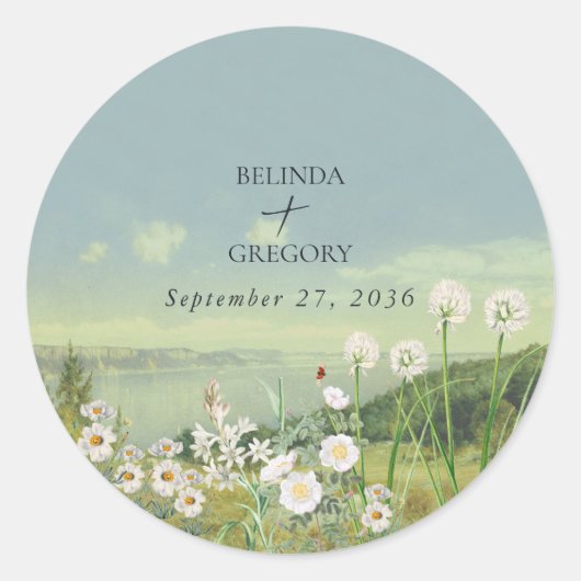 Waterverf Wildflower Mountain Landscape Wedding Ronde Sticker (Voorkant)