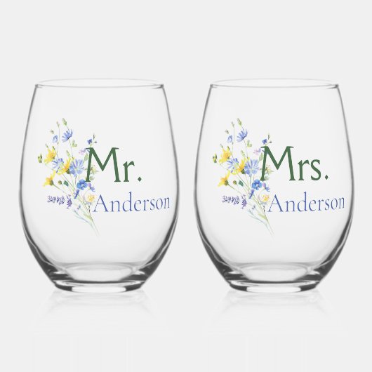 Waterverf Wildflower Mr en Mrs Wijnglas Zonder Voet (Voorkant)