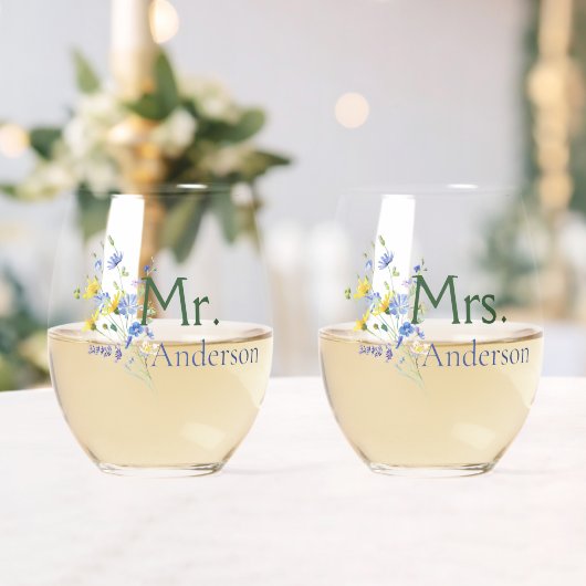 Waterverf Wildflower Mr en Mrs Wijnglas Zonder Voet (Insitu (Huwelijk))