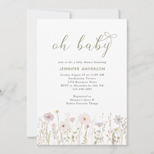 Waterverf Wildflower Oh Baby Script Douche Kaart (Voorkant)