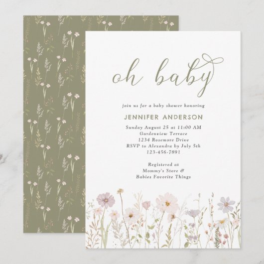 Waterverf Wildflower Oh Baby Script Douche Kaart (Voorkant / Achterkant)