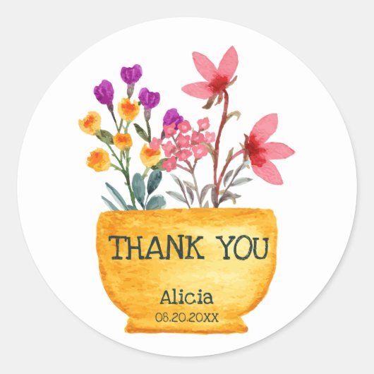 Waterverf Wildflower op pot dank u Ronde Sticker (Voorkant)