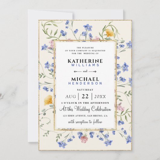 Waterverf Wildflower QR Code Details RSVP Wedding Kaart (Voorkant)