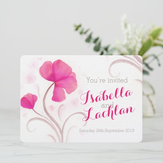 Waterverf wildflower rood roze bruiloft uitnodigin kaart (Staand voorkant)