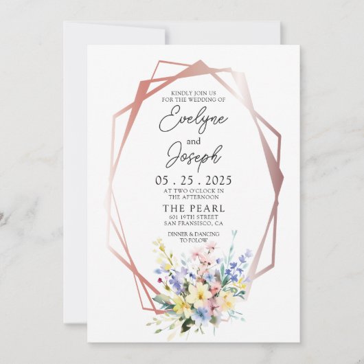 Waterverf Wildflower Roos Goud Lijst Boho Bruiloft Kaart (Voorkant)