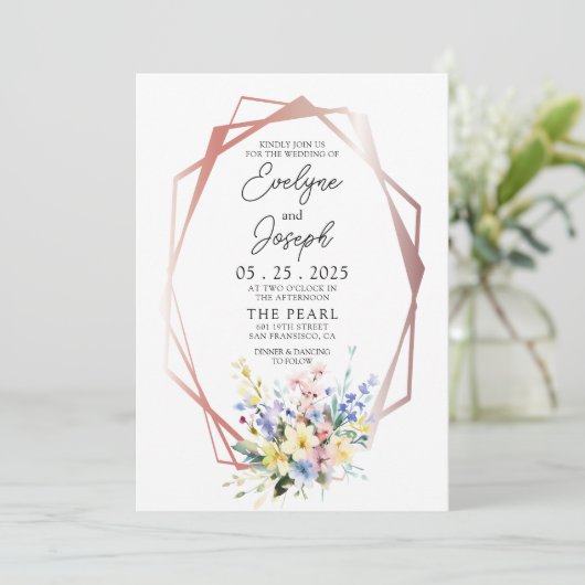 Waterverf Wildflower Roos Goud Lijst Boho Bruiloft Kaart (Staand voorkant)