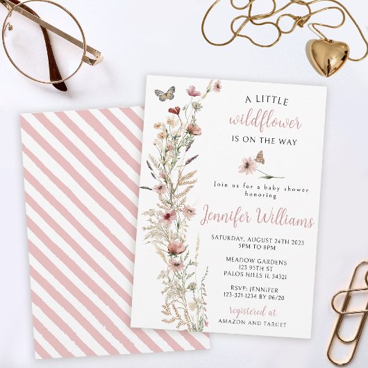 Waterverf wildflower roos gouden baby meisje douch kaart