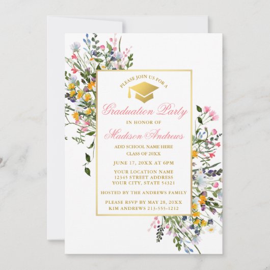 Waterverf Wildflower Roze Blush Goud Afstuderen Kaart (Voorkant)