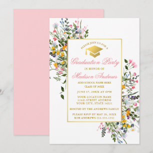 Waterverf Wildflower Roze Blush Goud Afstuderen Kaart