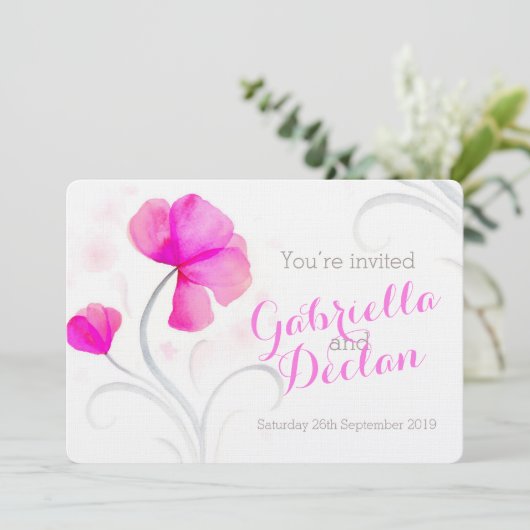 Waterverf wildflower roze bruiloft uitnodiging (Staand voorkant)
