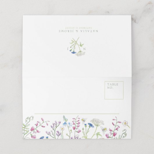 Waterverf wildflower schetsen wit groen bruiloft plaatskaartje (Buitenkant ongevouwen)