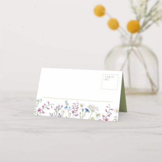Waterverf wildflower schetsen wit groen bruiloft plaatskaartje (Voorkant)