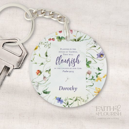 Waterverf Wildflower Schrift gepersonaliseerd Sleutelhanger