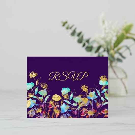 Waterverf Wildflower Script Bruiloft RSVP Gold Folie Uitnodiging Briefkaart (Staand Voorkant)
