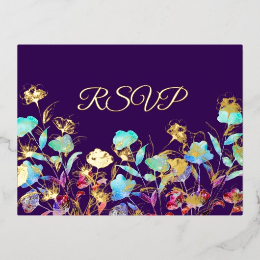 Waterverf Wildflower Script Bruiloft RSVP Gold Folie Uitnodiging Briefkaart (Voorkant)