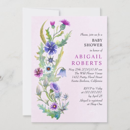 Waterverf wildflower Spring roze Baby shower Kaart (Voorkant)