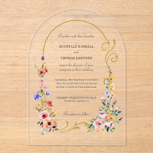 Waterverf Wildflower Spring Summer Arch Wedding Acryl Uitnodigingen (Voorkant)