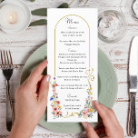 Waterverf Wildflower Spring Summer Arch Wedding Menu<br><div class="desc">Sierlijke gouden boogrand met elegante rollen versierd met romantische boho chique waterverf pastel wilde bloemen in bleek blauw,  roze en geel. Dit charmante collectie is de perfecte aanvulling op uw bruiloft in het voorjaar,  de zomer of de tuin.</div>