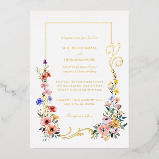 Waterverf Wildflower Spring Summer Wedding Folie Uitnodiging (Voorkant)