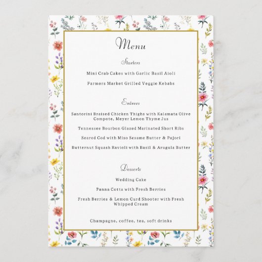 Waterverf Wildflower Spring Summer Wedding Menu (Voorkant)