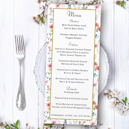 Waterverf Wildflower Spring Summer Wedding Menu